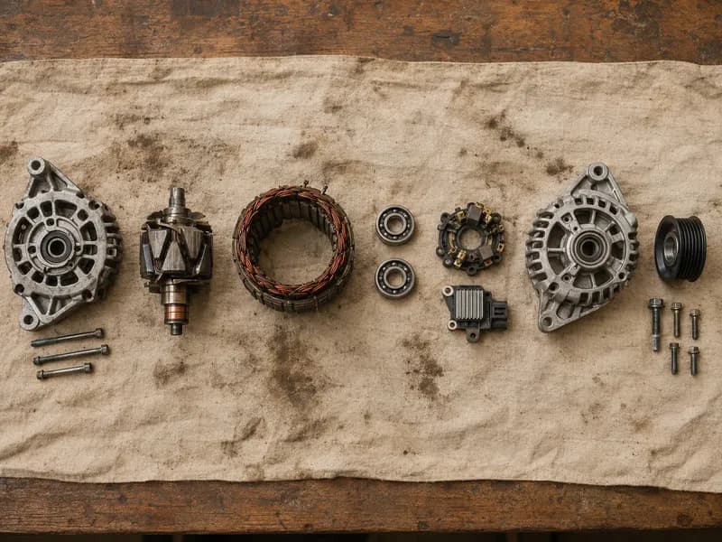 Um alternador desmontado e arrumado num pano: rotor, estator, escovas, rolamentos e regulador