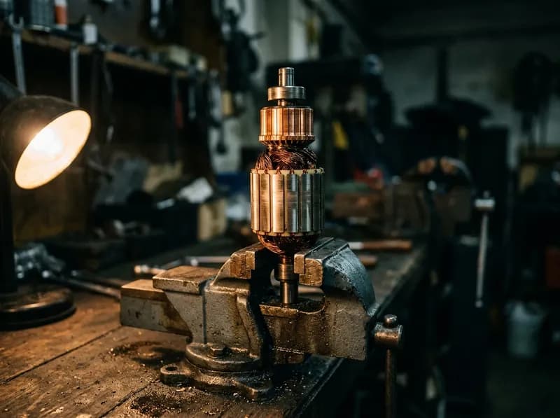 Grande plano do induzido de um motor de arranque com as lâminas de cobre do coletor