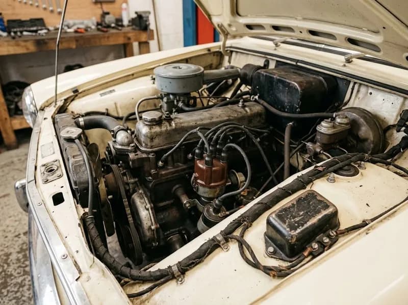 O compartimento do motor de um carro clássico com a cablagem original
