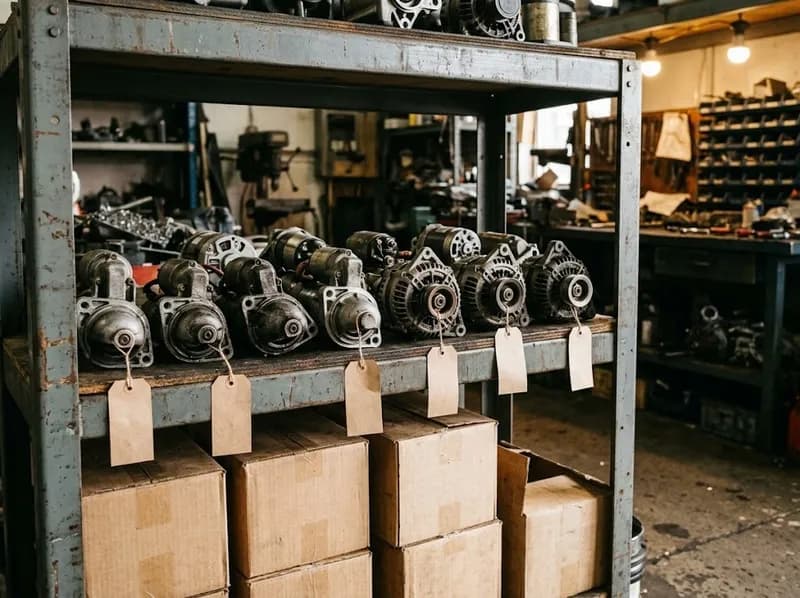 Uma prateleira de motores de arranque e alternadores reconstruídos com etiquetas de papel